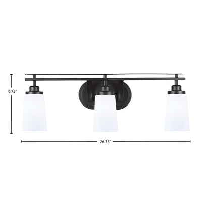 Toltec Odyssey 3-Light Bath Bar | Modern Matte Black and White Opal Glass | Bathroom Vanity & Powder Room | 7.25 x 9.75 in | Model 2613-MB-261