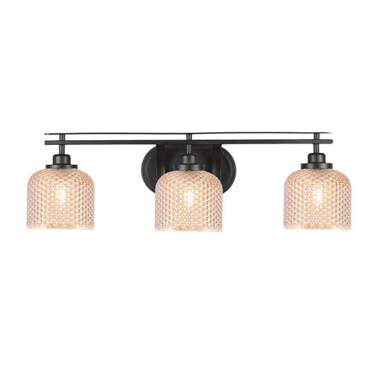 Toltec Odyssey 3-Light Bath Bar | Modern Matte Black Steel and Amber Textured Glass | Bathroom Vanity | 27.5 x 8.25 x 8 in | Model 2613-MB-4613