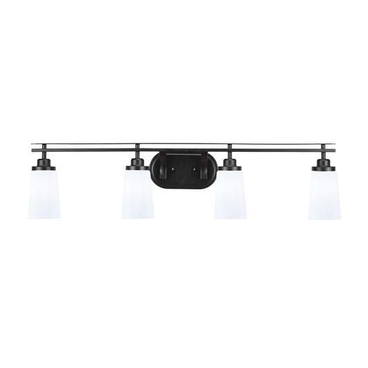 Toltec Odyssey 4-Light Bath Bar | Matte Black and White Opal Glass | Bathroom Vanity & Double Sink | 7.25 x 9.75 in | Model 2614-MB-261