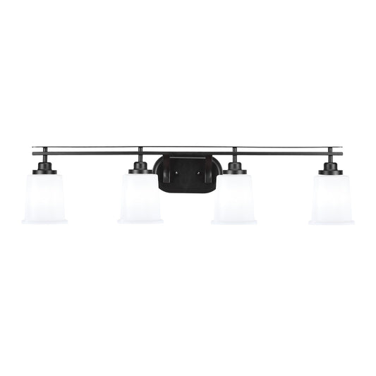 Toltec Odyssey 4-Light Bath Bar | Modern Matte Black Steel and White Opal Glass | Bathroom & Double Vanity | 7.5 x 8.75 in | Model 2614-MB-5031