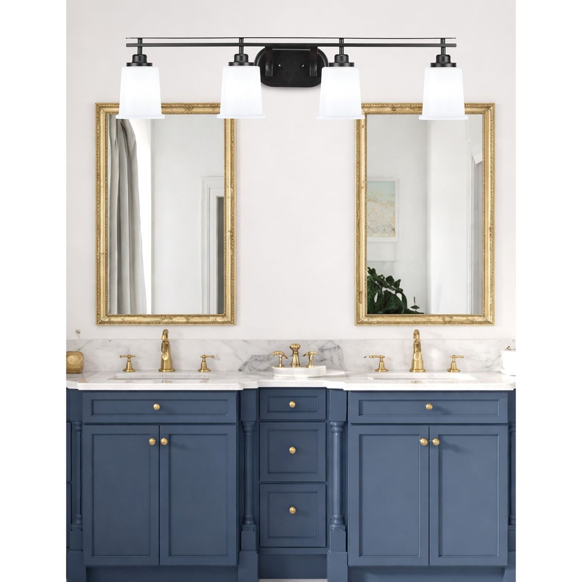 Toltec Odyssey 4-Light Bath Bar | Modern Matte Black Steel and White Opal Glass | Bathroom & Double Vanity | 7.5 x 8.75 in | Model 2614-MB-5031
