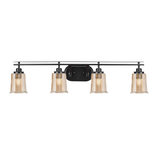 Toltec Odyssey 4-Light Bath Bar | Modern Matte Black Steel and Amber Bubble Glass | Bathroom & Double Vanity | 7.5 x 8.75 in | Model 2614-MB-5033