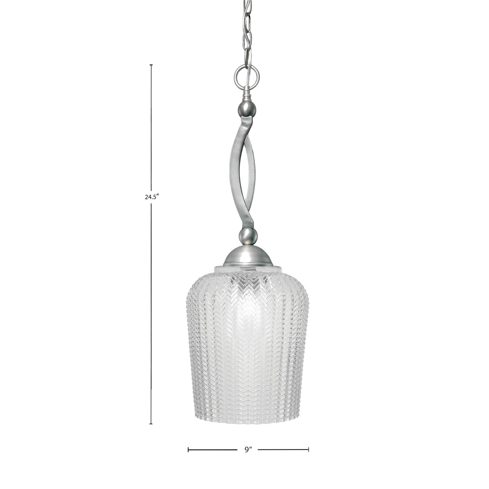 Toltec Bow 9in 1-Light Pendant | Brushed Nickel Steel and Clear Textured Glass | Kitchen Island & Dining Room | 9 x 24.5 in | Model 271-BN-4280