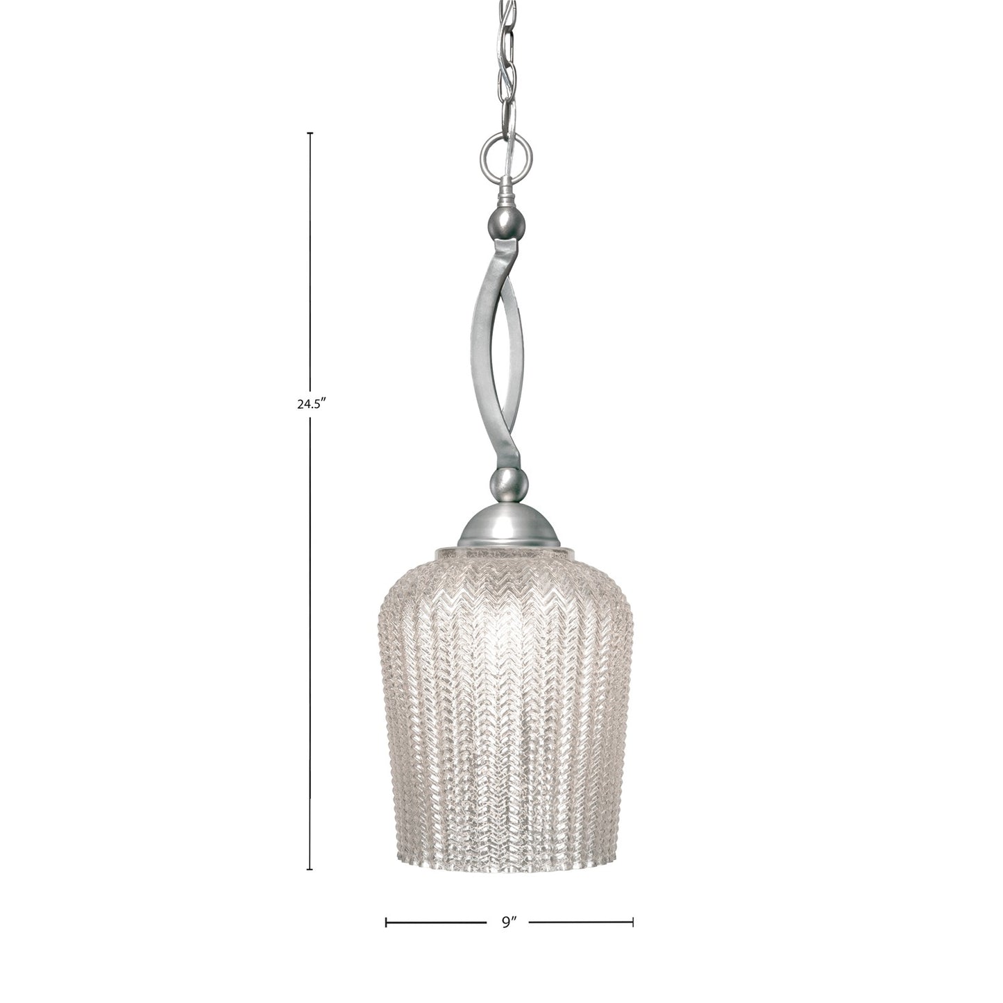 Toltec Bow 9in 1-Light Pendant | Brushed Nickel Steel and Silver Textured Glass | Kitchen Island & Dining Room | 9 x 24.5 in | Model 271-BN-4283