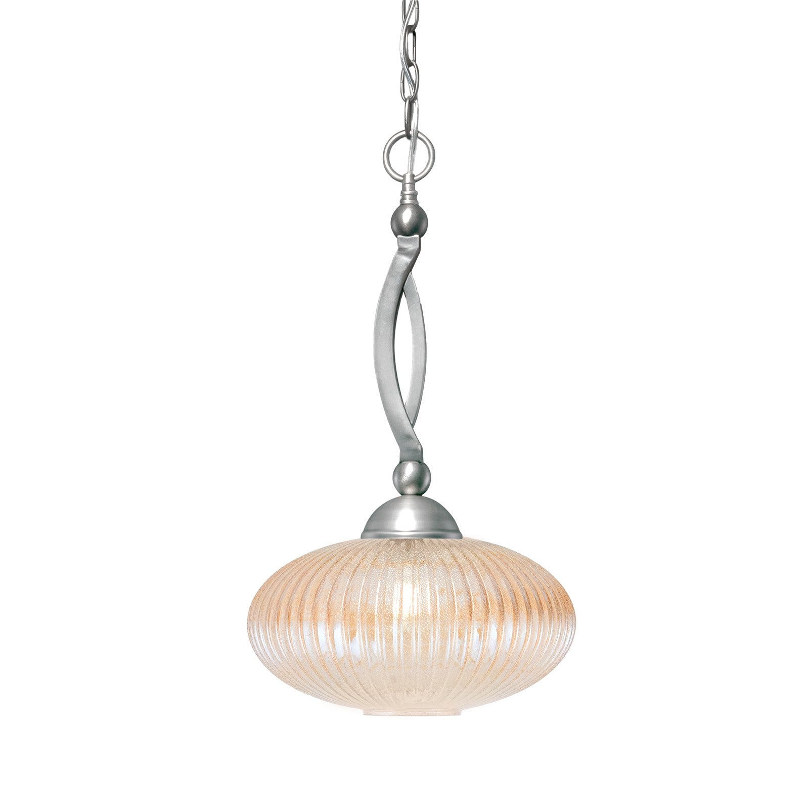 Toltec Bow 12in 1-Light Pendant | Brushed Nickel Steel and Amber Micro Bubble Ribbed Glass | Kitchen & Dining Room | 12 x 12 x 20.25 in | Model 271-BN-4653