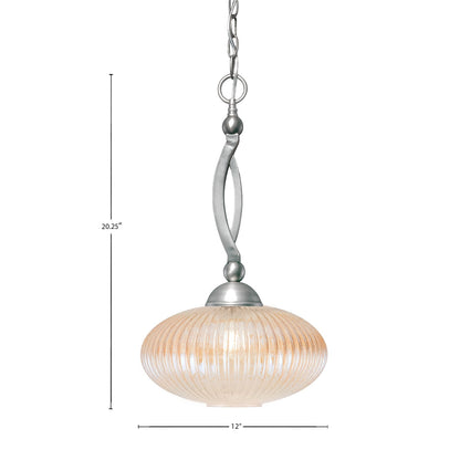 Toltec Bow 12in 1-Light Pendant | Brushed Nickel Steel and Amber Micro Bubble Ribbed Glass | Kitchen & Dining Room | 12 x 12 x 20.25 in | Model 271-BN-4653