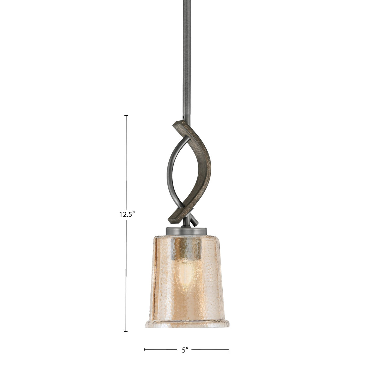 Toltec Monterey 5in 1-Light Mini Pendant | Rustic Graphite and Painted Distressed Wood-look Metal with Amber Bubble Glass | Model 2901-GPDW-5033