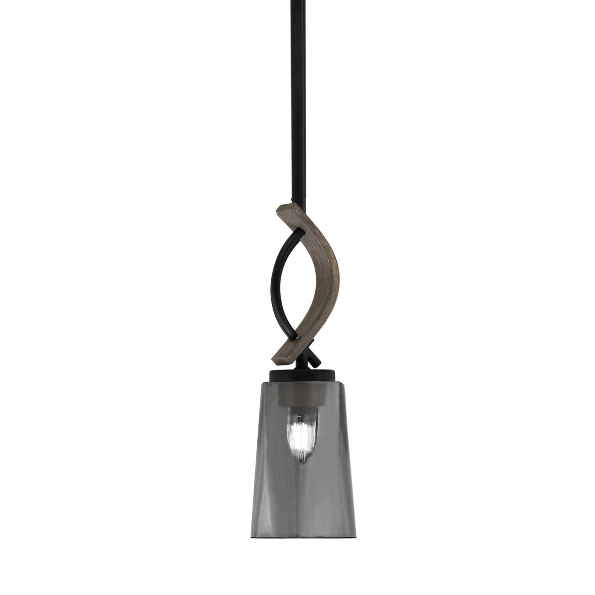 Toltec Monterey 4.5in 1-Light Mini Pendant | Modern Matte Black and Painted Distressed Wood-look Metal with Smoke Bubble Glass | Model 2901-MBDW-262