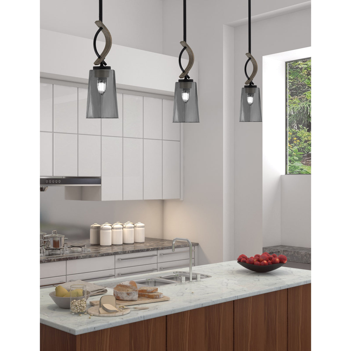 Toltec Monterey 4.5in 1-Light Mini Pendant | Modern Matte Black and Painted Distressed Wood-look Metal with Smoke Bubble Glass | Model 2901-MBDW-262