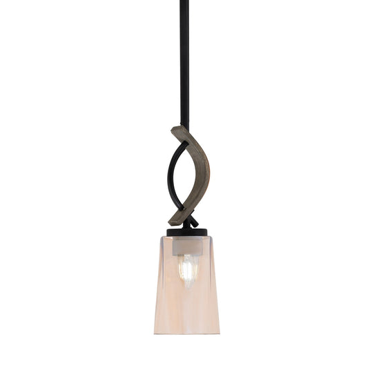 Toltec Monterey 5in 1-Light Mini Pendant | Rustic Matte Black and Painted Distressed Wood-look Metal with Amber Gradient Glass | Model 2901-MBDW-263