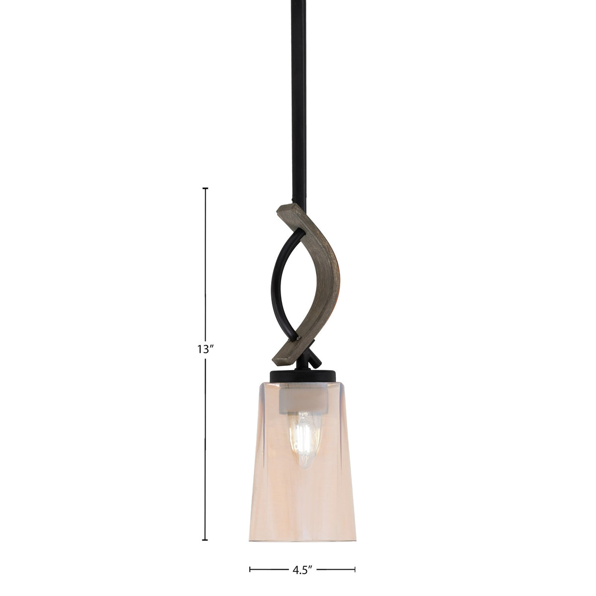 Toltec Monterey 5in 1-Light Mini Pendant | Rustic Matte Black and Painted Distressed Wood-look Metal with Amber Gradient Glass | Model 2901-MBDW-263