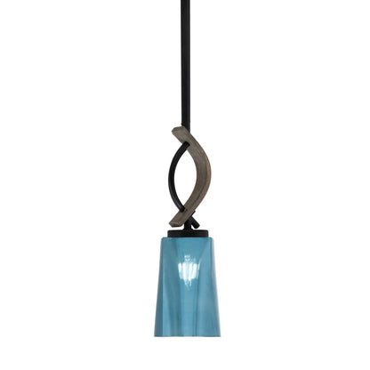 Toltec Monterey 5in 1-Light Mini Pendant | Rustic Matte Black and Painted Distressed Wood-look Metal with Blue Gradient Glass | Model 2901-MBDW-265
