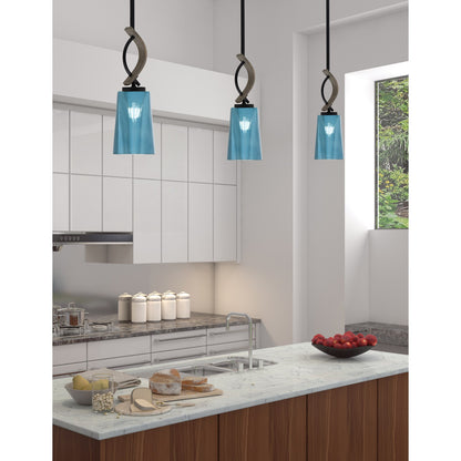 Toltec Monterey 5in 1-Light Mini Pendant | Rustic Matte Black and Painted Distressed Wood-look Metal with Blue Gradient Glass | Model 2901-MBDW-265