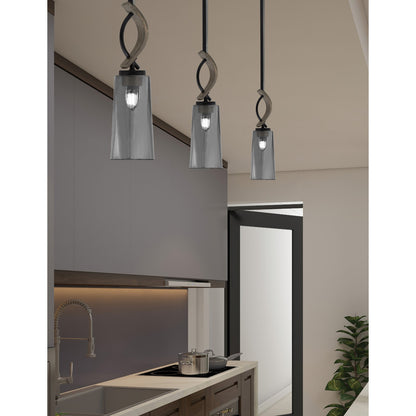 Toltec Monterey 5in 1-Light Mini Pendant | Rustic Matte Black and Painted Distressed Wood-look Metal with Smoke Bubble Glass | Model 2901-MBDW-292