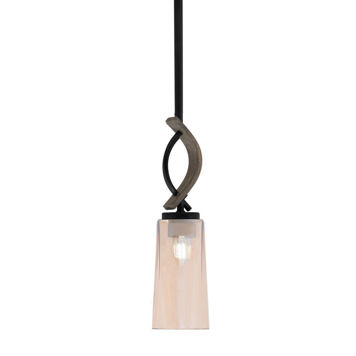 Toltec Monterey 5in 1-Light Mini Pendant | Matte Black and Distressed Wood-look Metal with Amber Gradient Glass | Kitchen | Model 2901-MBDW-293