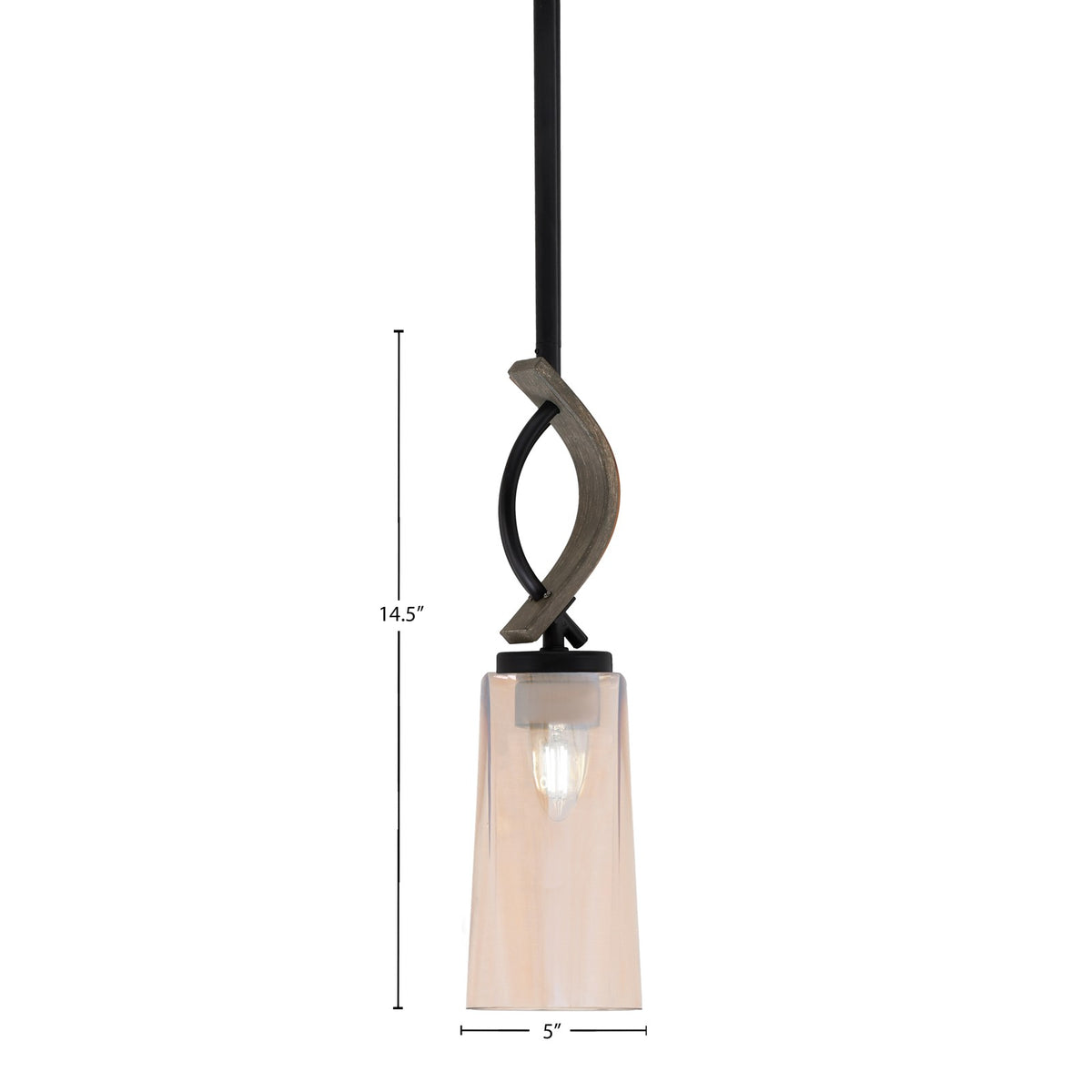 Toltec Monterey 5in 1-Light Mini Pendant | Matte Black and Distressed Wood-look Metal with Amber Gradient Glass | Kitchen | Model 2901-MBDW-293