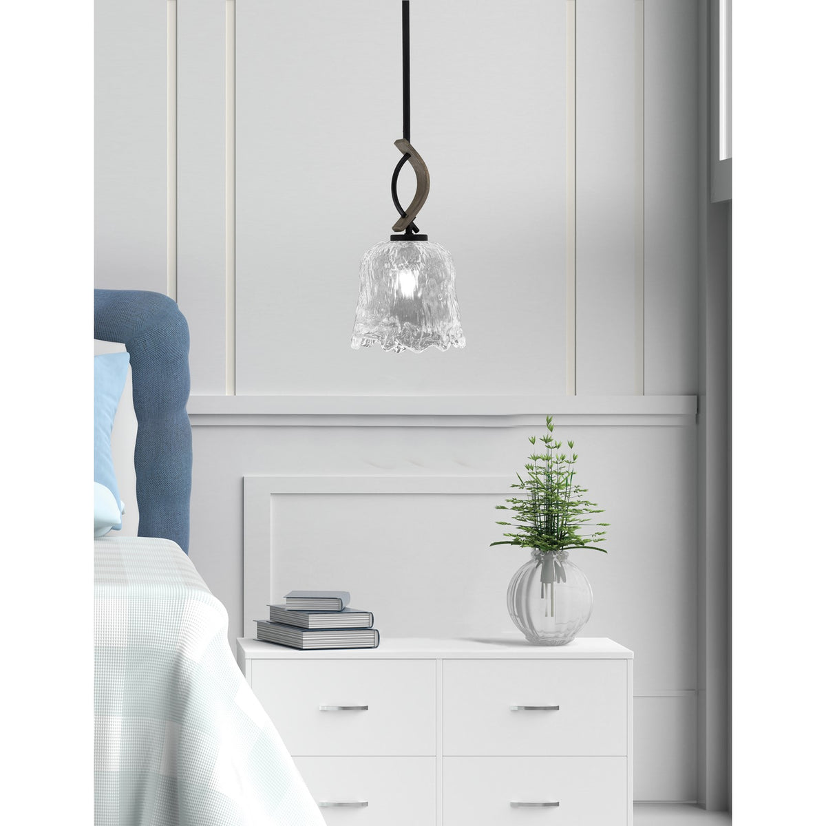 Toltec Monterey 7in 1-Light Mini Pendant | Rustic Matte Black and Painted Distressed Wood-look Metal with Clear Lava Glass | Model 2901-MBDW-4230
