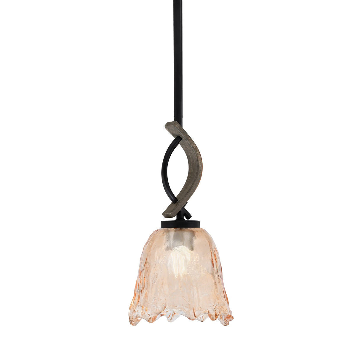 Toltec Monterey 7in 1-Light Mini Pendant | Rustic Matte Black and Painted Distressed Wood-look Metal with Amber Lava Glass | Model 2901-MBDW-4233
