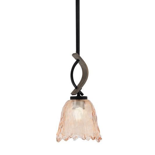 Toltec Monterey 7in 1-Light Mini Pendant | Rustic Matte Black and Painted Distressed Wood-look Metal with Amber Lava Glass | Model 2901-MBDW-4233