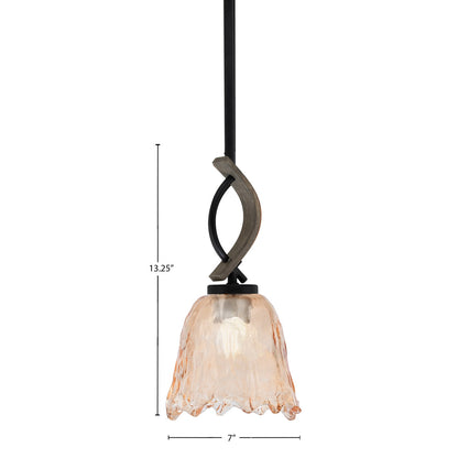 Toltec Monterey 7in 1-Light Mini Pendant | Rustic Matte Black and Painted Distressed Wood-look Metal with Amber Lava Glass | Model 2901-MBDW-4233