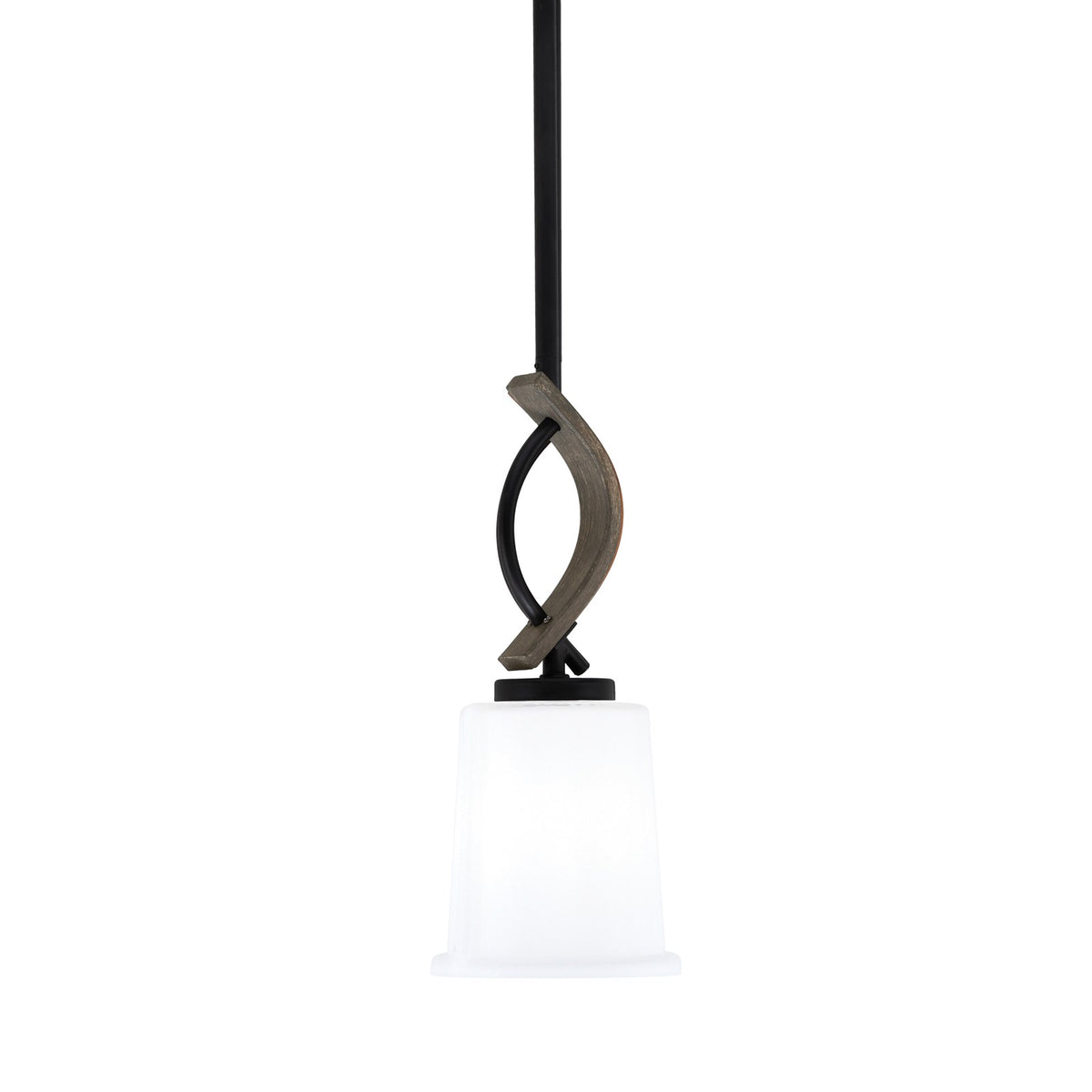 Toltec Monterey 5in 1-Light Mini Pendant | Matte Black and Distressed Wood-look Metal with White Opal Glass | Kitchen Island | Model 2901-MBDW-5031
