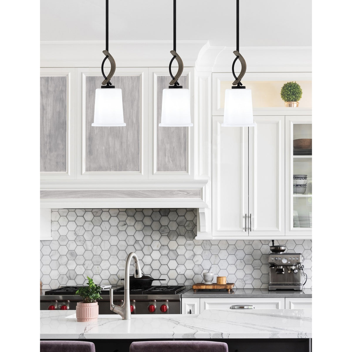 Toltec Monterey 5in 1-Light Mini Pendant | Matte Black and Distressed Wood-look Metal with White Opal Glass | Kitchen Island | Model 2901-MBDW-5031