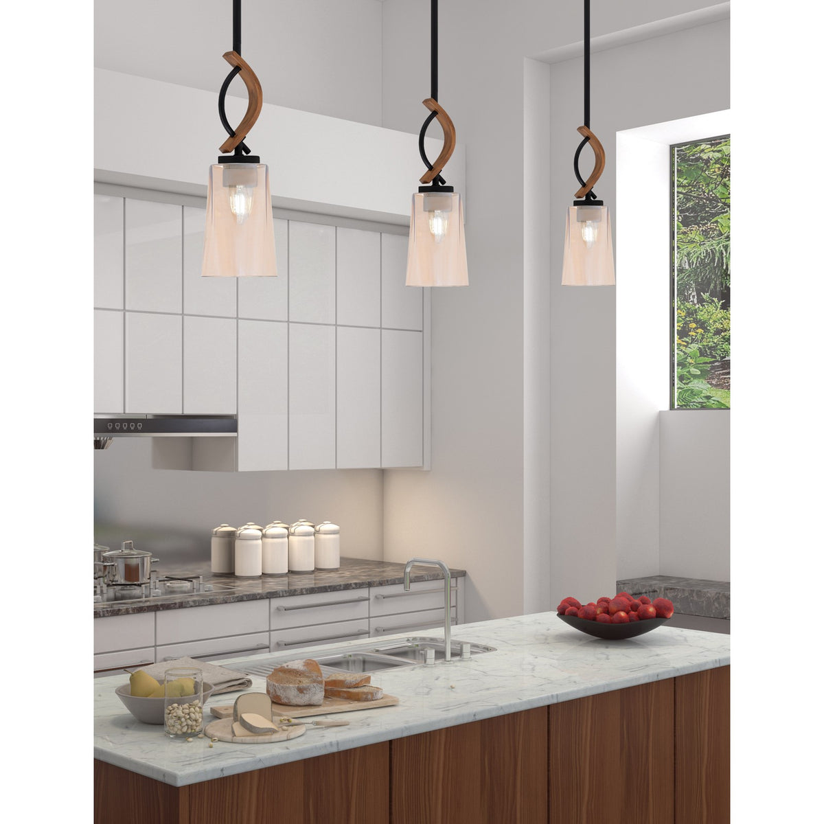 Toltec Monterey 4.5in 1-Light Mini Pendant | Rustic Matte Black and Painted Wood-look Metal with Amber Gradient Glass | Kitchen | Model 2901-MBWG-263