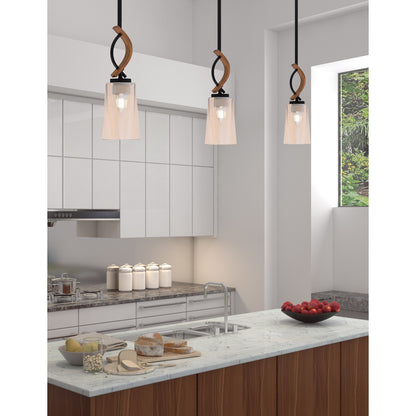 Toltec Monterey 4.5in 1-Light Mini Pendant | Rustic Matte Black and Painted Wood-look Metal with Amber Gradient Glass | Kitchen | Model 2901-MBWG-263