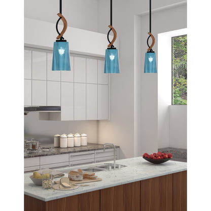 Toltec Monterey 4.5in 1-Light Mini Pendant | Modern Matte Black and Painted Wood-look Metal with Blue Gradient Glass | Kitchen | Model 2901-MBWG-265