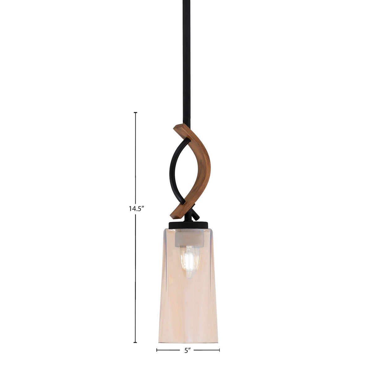 Toltec Monterey 5in 1-Light Mini Pendant | Modern Matte Black and Painted Wood-look Metal with Amber Gradient Glass | Kitchen | Model 2901-MBWG-293