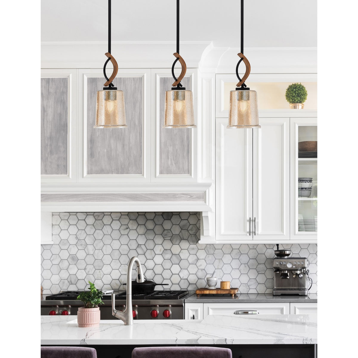 Toltec Monterey 5in 1-Light Mini Pendant | Modern Matte Black and Painted Wood-look Amber Bubble Glass | Kitchen Island | Model 2901-MBWG-5033
