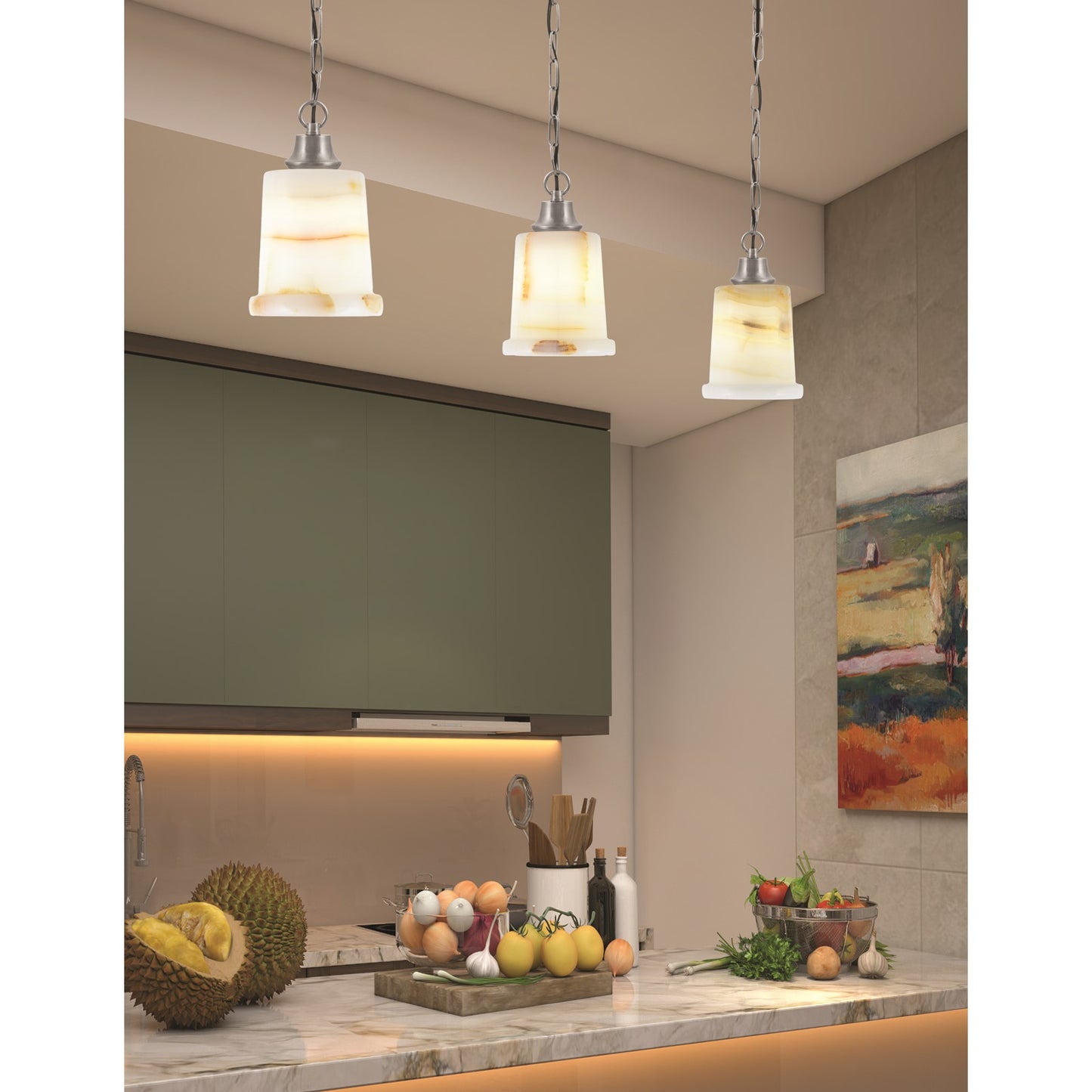 Toltec Chain 5in 1-Light Pendant | Industrial Graphite Steel and Natural Stone Glass | Kitchen Island & Dining Room | 5 x 9 in | Model 31-GP-4128