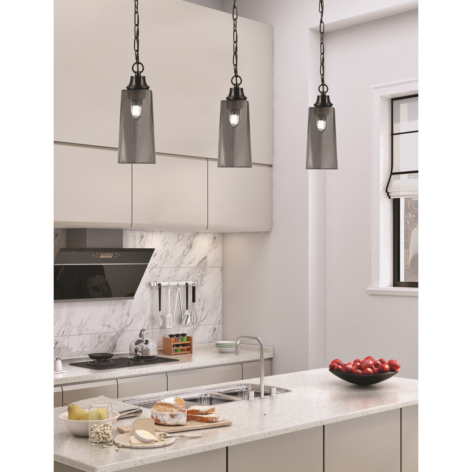 Toltec Chain 5.25in 1-Light Pendant | Industrial Matte Black Steel and Smoke Bubble Glass | Kitchen Island & Dining Room | 5.25 x 12.75 in | Model 31-MB-292