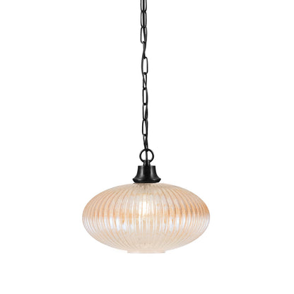 Toltec Chain 12in 1-Light Pendant | Industrial Matte Black Steel and Amber Micro Bubble Ribbed Glass | Kitchen Island & Dining Room | Model 31-MB-4653