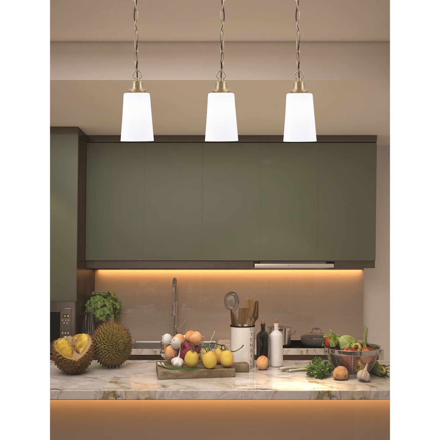 Toltec Chain 4.5in 1-Light Pendant | New Age Brass Steel and White Opal Glass | Kitchen Island & Dining Room | 4.5 x 4.5 x 9.5 in | Model 31-NAB-261