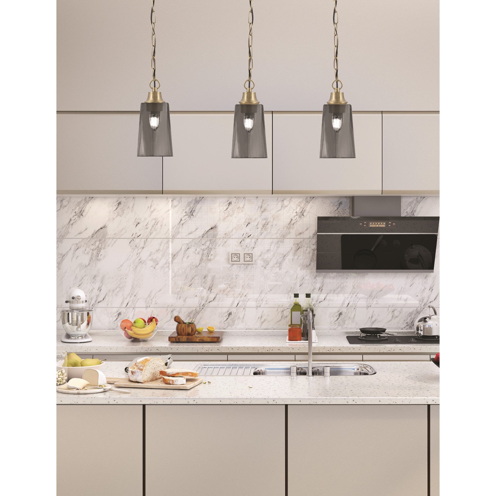 Toltec Chain 4.5in 1-Light Pendant | New Age Brass Steel and Smoke Bubble Glass | Kitchen Island & Dining Room | 4.5 x 4.5 x 9.5 in | Model 31-NAB-262