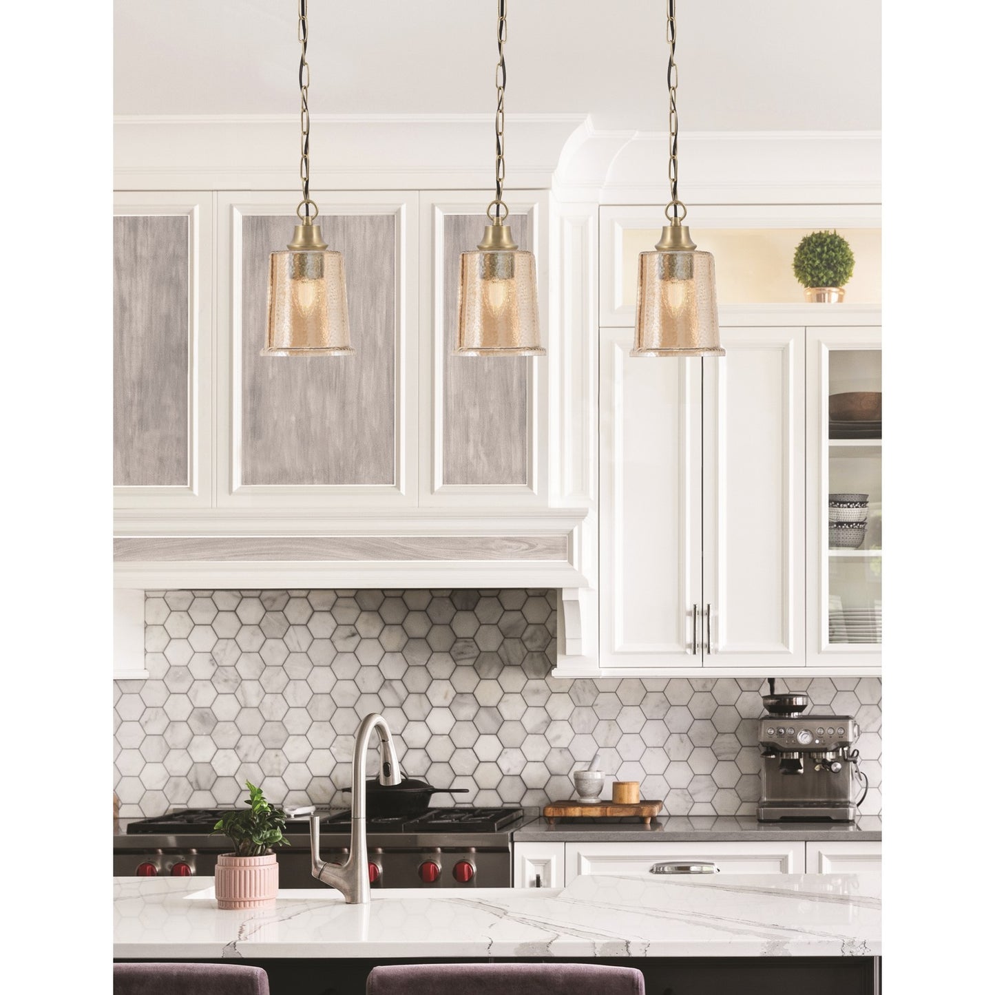 Toltec Chain Hung 1-Light Pendant | New Age Brass Steel and Amber Bubble Glass | Kitchen Island & Dining Room | 5.25 x 5.25 x 8.75 in | Model 31-NAB-5033