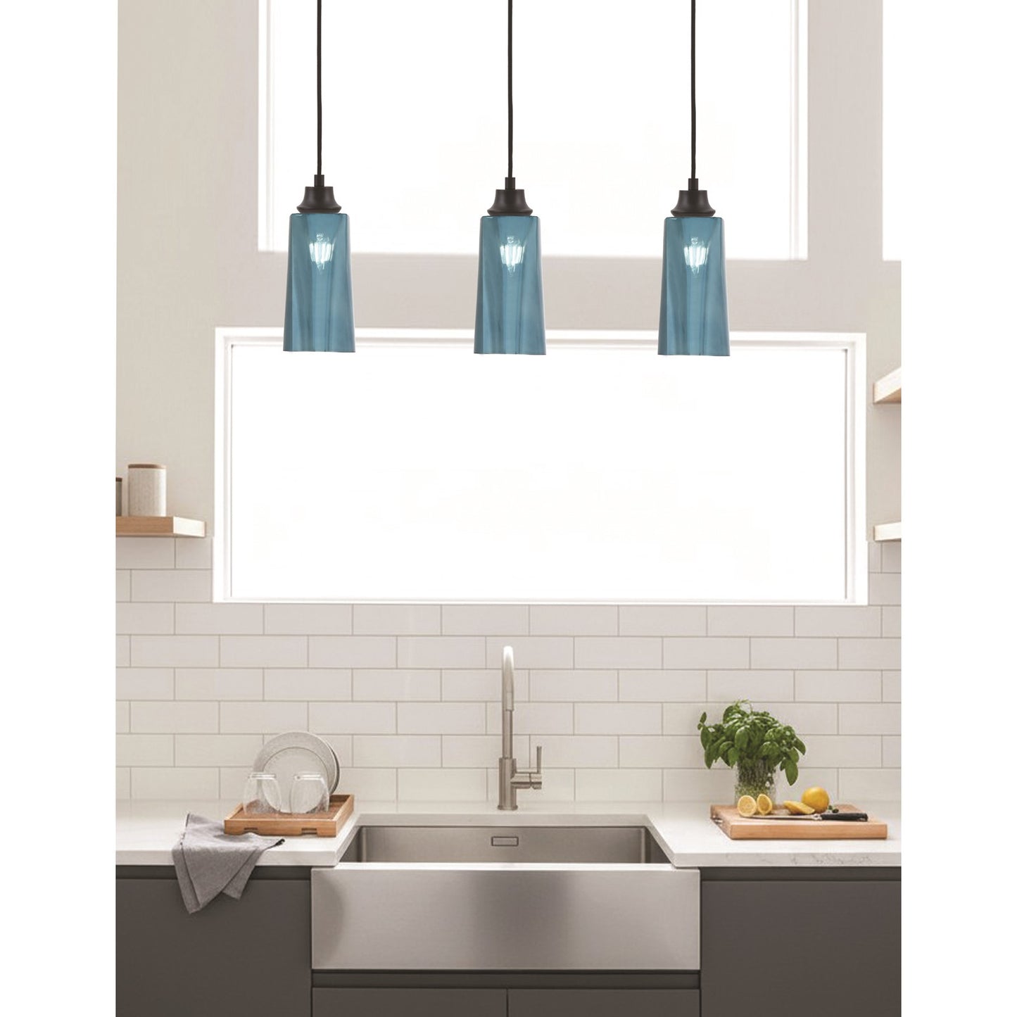 Toltec Cord 5in 1-Light Pendant | Modern Matte Black Steel and Blue Gradient Glass | Kitchen Island & Dining Room | 5 x 12 in | Model 32-MB-295