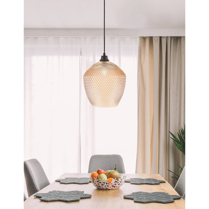 Toltec Cord 12in 1-Light Pendant | Modern Matte Black Steel and Amber Textured Glass | Kitchen Island & Dining Room | 12 x 12 x 15 in | Model 32-MB-4223