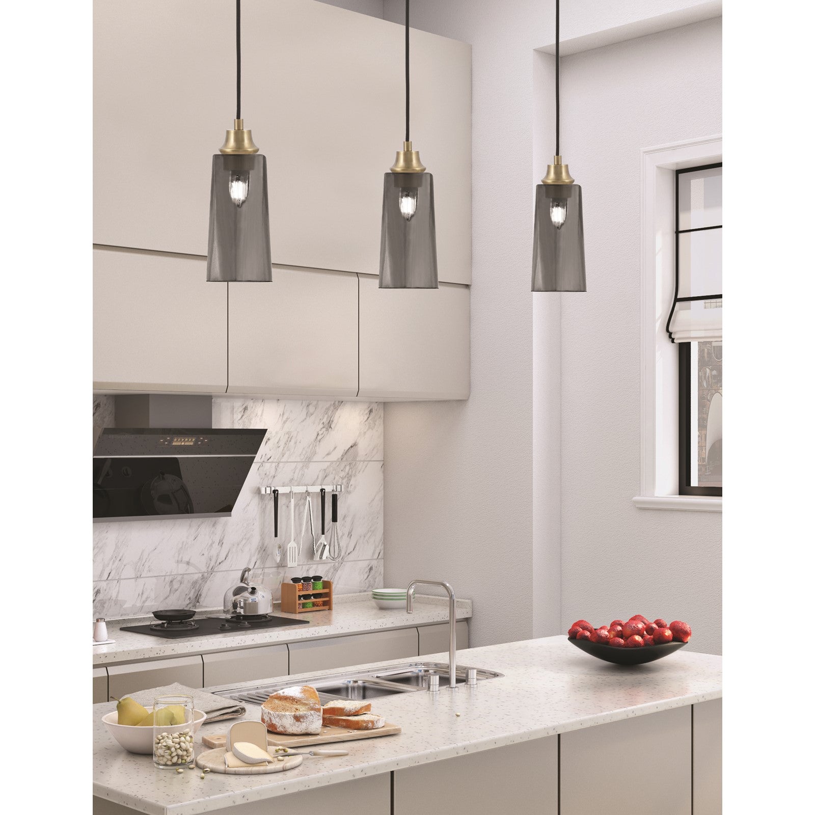Toltec Cord 5in 1-Light Pendant | New Age Brass Steel and Smoke Bubble Glass | Kitchen Island & Dining Room | 5 x 12 in | Model 32-NAB-292