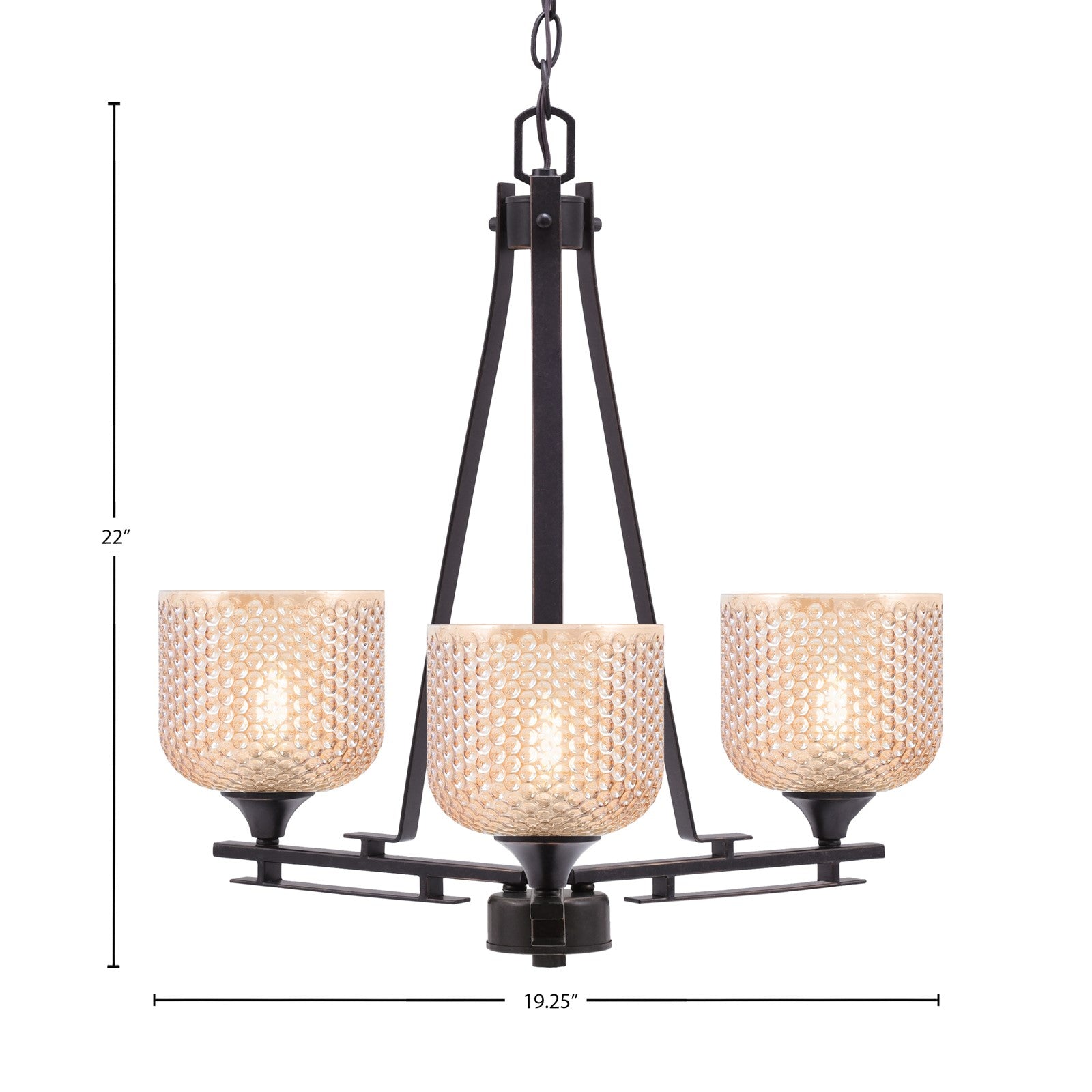 Toltec Uptowne 19.25in 3-Light Uplight Chandelier | Modern Dark Granite Steel and Amber Textured Glass | Dining Room & Entryway | 19.25 x 22 in | Model 323-DG-4613