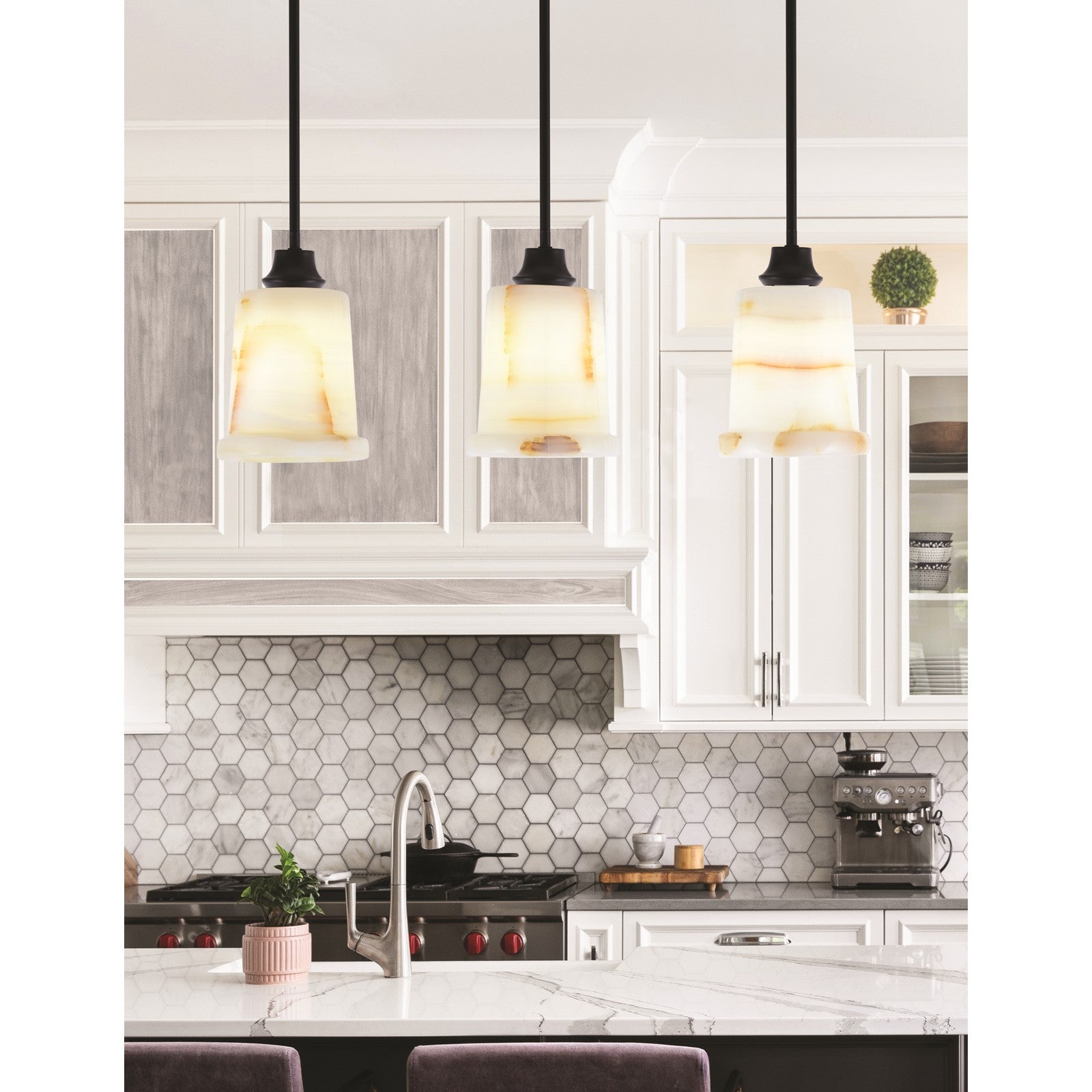 Toltec Stem 5in 1-Light Pendant | Modern Matte Black Steel and Natural Stone Glass | Kitchen Island & Dining Room | 5 x 8 in | Model 33-MB-4128