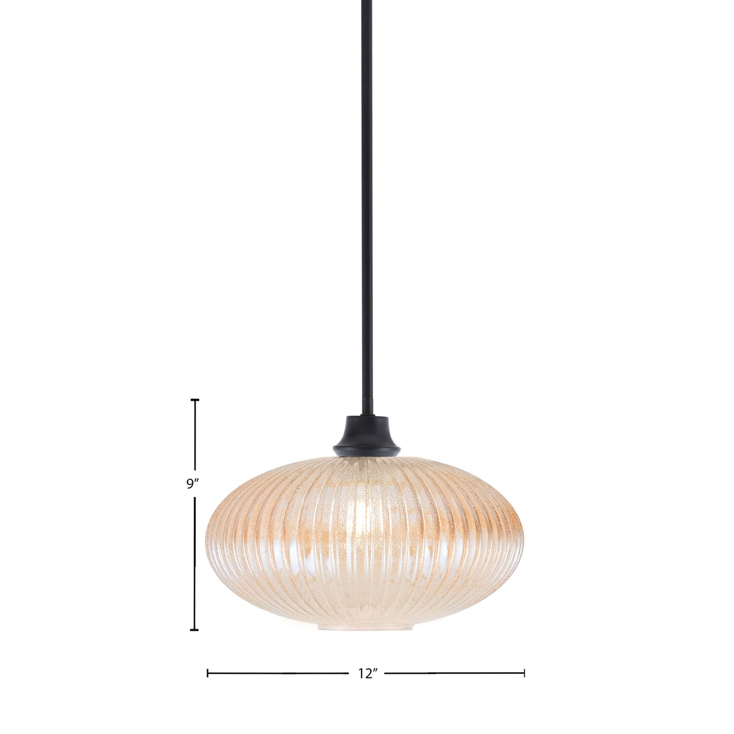 Toltec Stem 12in 1-Light Pendant | Industrial Matte Black Steel and Amber Micro Bubble Ribbed Glass | Kitchen Island & Dining Room | 12 x 9 in | Model 33-MB-4653