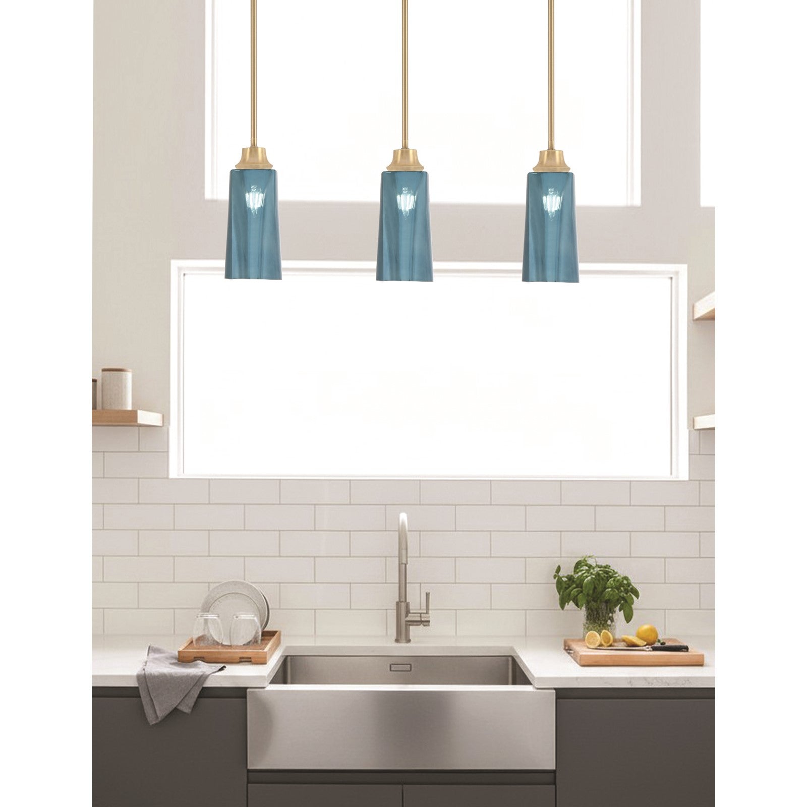 Toltec Stem 5in 1-Light Pendant | New Age Brass Steel and Blue Gradient Glass | Kitchen Island & Dining Room | 5.25 x 11.75 in | Model 33-NAB-295