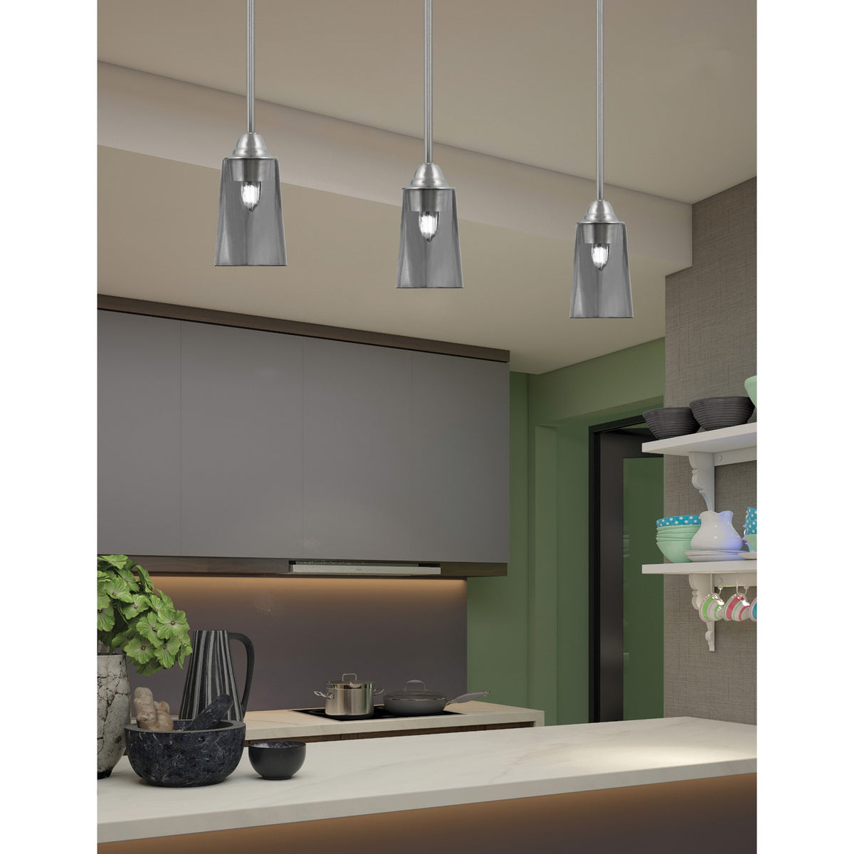 Toltec Paramount 4.5in 1-Light Mini Pendant | Modern Brushed Nickel and Smoke Bubble Glass | Kitchen Island & Dining Room | Model 3401-BN-262