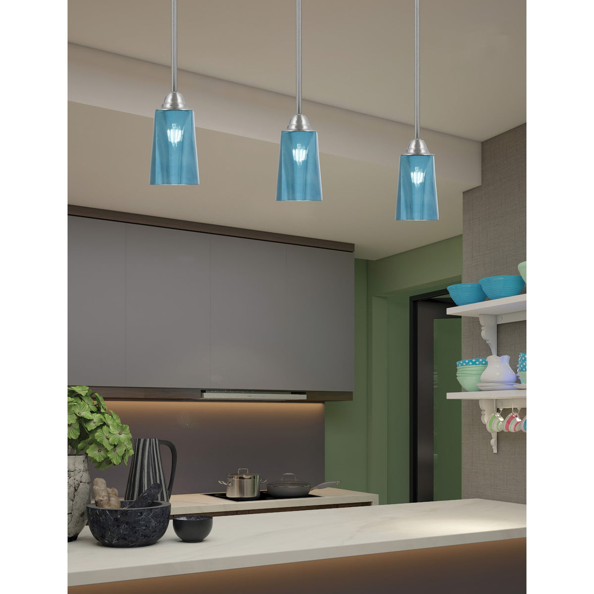 Toltec Paramount 4.5in 1-Light Mini Pendant | Modern Brushed Nickel and Blue Gradient Glass | Kitchen Island & Dining Room | Model 3401-BN-265