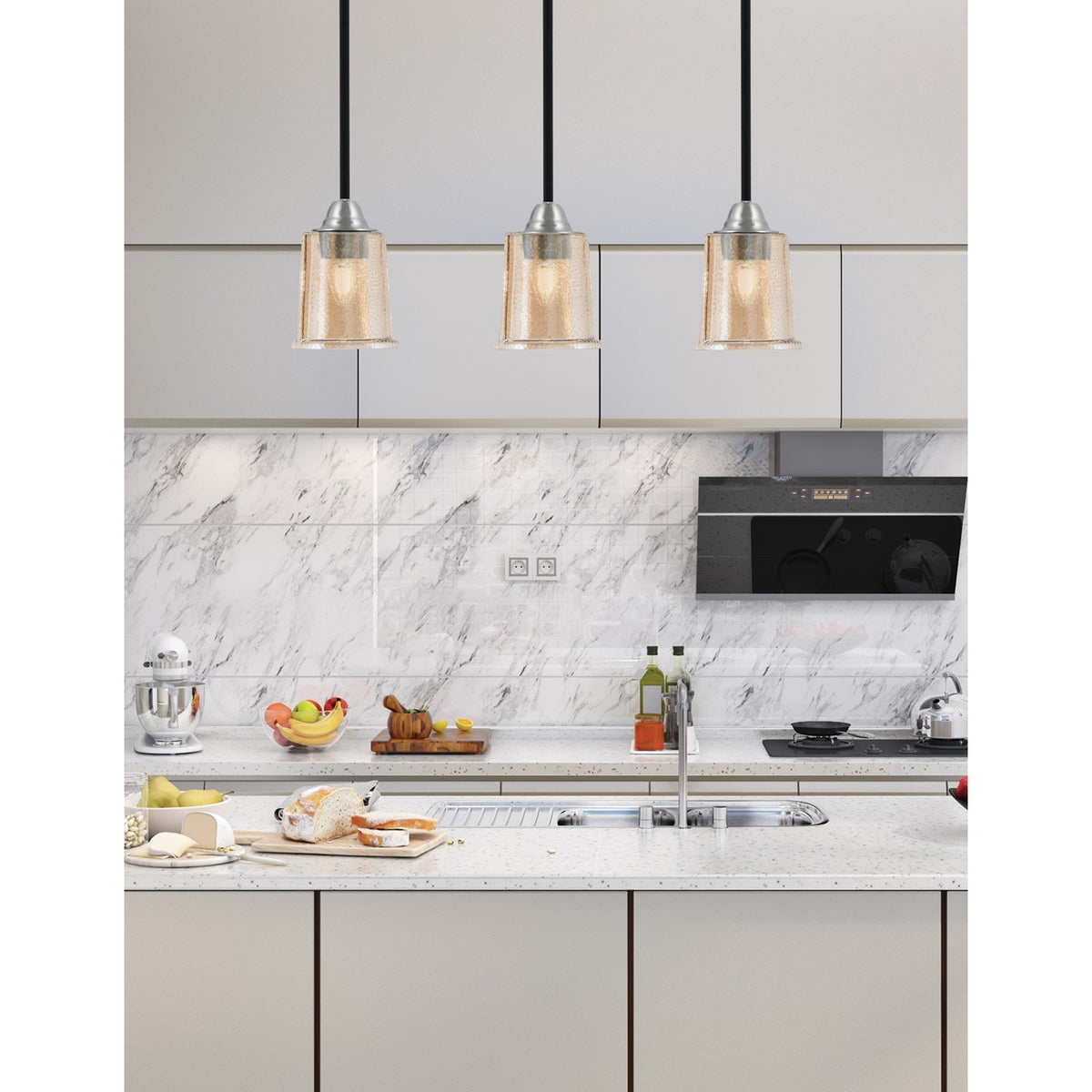 Toltec Paramount 5in 1-Light Mini Pendant | Modern Matte Black and Brushed Nickel Amber Bubble Glass | Kitchen Island & Dining | Model 3401-MBBN-5033
