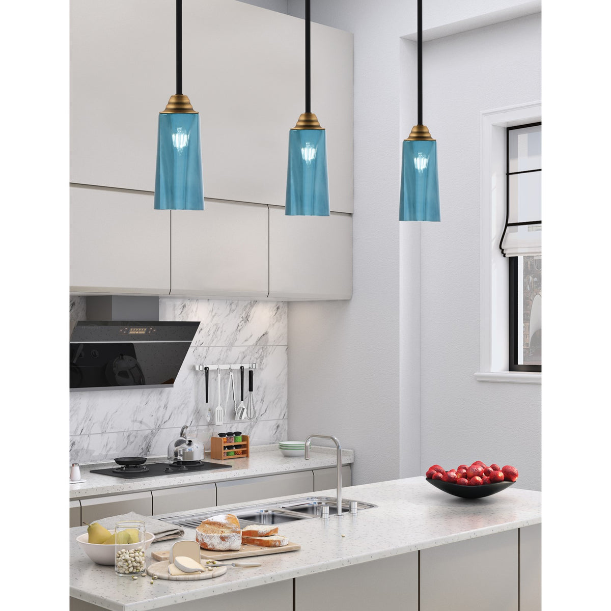 Toltec Paramount 5in 1-Light Mini Pendant | Matte Black & Brass and Blue Gradient Glass | Kitchen Island & Dining Room | Model 3401-MBBR-295