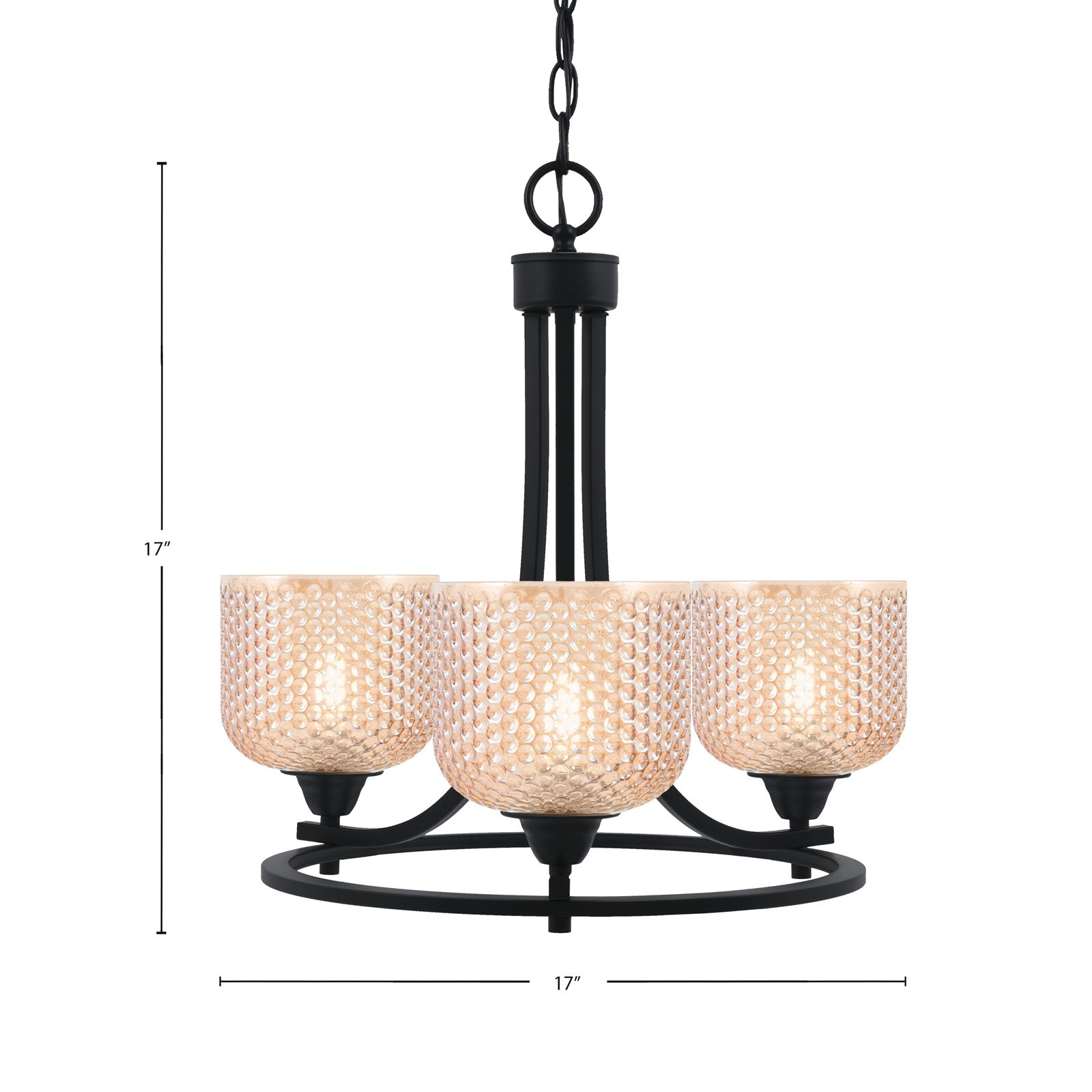 Toltec Paramount 17in 3-Light Uplight Chandelier | Matte Black Steel and Amber Textured Glass | Dining Room & Entryway | 17 x 17 in | Model 3403-MB-4613