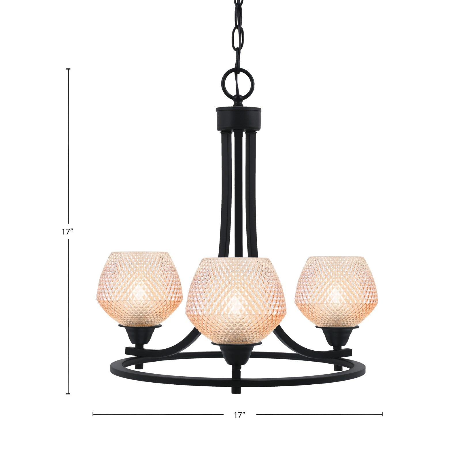 Toltec Paramount 17in 3-Light Uplight Chandelier | Modern Matte Black Steel and Amber Textured Glass | Dining Room & Entryway | 17 x 17 in | Model 3403-MB-4623